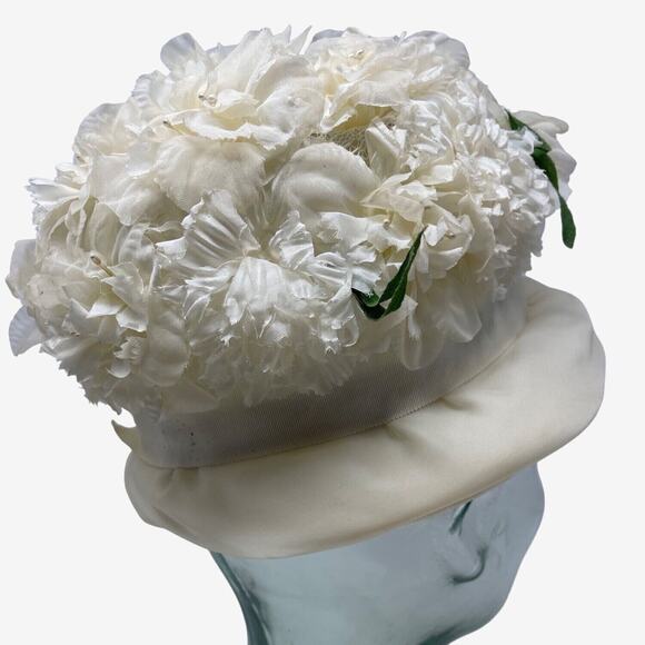 Vintage 1960s White Floral Cloche Hat Double Fabric Brim Retro Mid Century Style - Picture 4 of 7